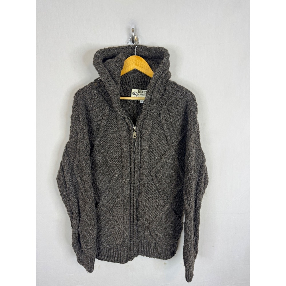 Buffalo Import & Trading Co Wool Cable Knit Ecuador Zip Hoodie Sweater Brown L